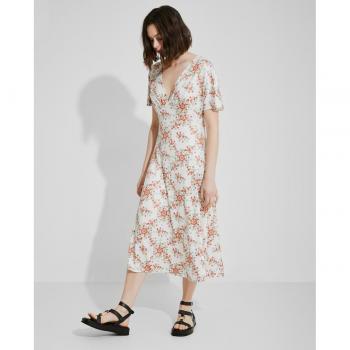 Vestido midi estampado de manga corta con volantes y cuello en V