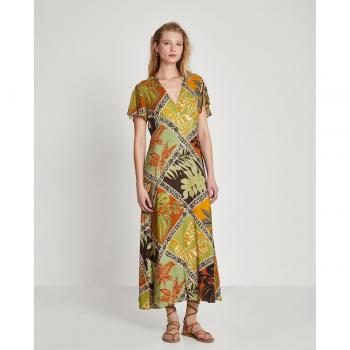 Vestido midi estampado con vuelo de manga corta con volante y cuello en V - Trucco