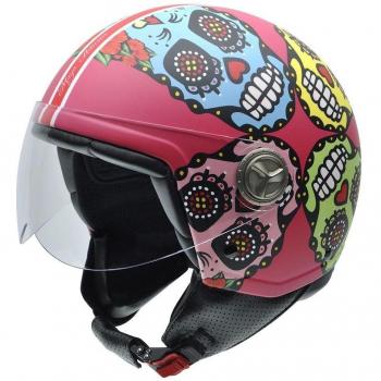 NZI 050313G825 Zeta Tulum by Maya Hansen Casco de Moto, Fondo Rosa y Calaveras Mexicanas, Talla 58