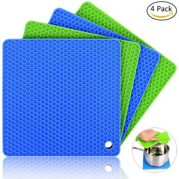 Ankway Salvamanteles de Silicona juego de 4, Sostenedor de Pote de Silicona Antideslizante, Agarraderas Cocina Aislamiento, Resistentes al Calor hasta 450°F, Aprobado por la FDA y sin BPA-Verde & Azul
