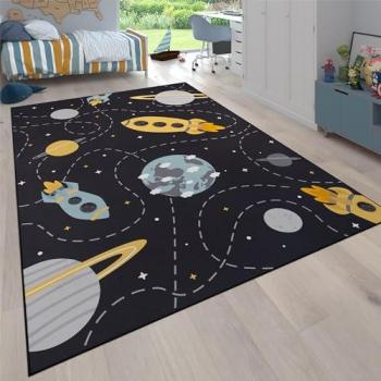 Alfombra Infantil Antideslizante Estrellas y Planeta Cohete Ø 160 cm Lavable en Lavadora Gris Azul Amarillo