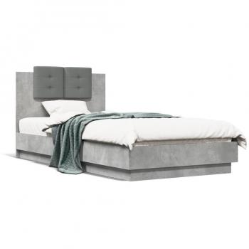 Cama con cabecera y luces LED gris hormigón 75x190 cm