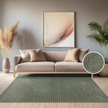 Alfombra Redonda Boho Chic Verde Ø 120 cm para Salón, Habitación, Cocina, Exterior, Terraza y Jardín con Motivo Geométrico Monocromo