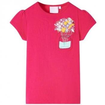Camiseta Infantil de Manga Corta Rosa Chillón con Estampado de Flores 140
