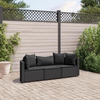3-Piece Black Poly Rattan Garden Sofa Set with Cushions