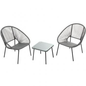 Conjunto de 2 sillones Acapulco + mesa de centro gris oscuro, diseño retro, cuerda de polietileno resistente, apto para interior y exterior