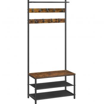 Perchero Recibidor con Banco Zapatero y 9 Ganchos Extraíbles - Barra Superior, Estilo Industrial, 32.2x64x180 cm, Ideal para Entrada y Dormitorio