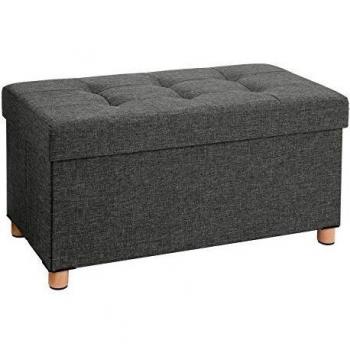 Baúl tapizado capitoné gris oscuro, taburete de almacenamiento textil con asiento acolchado, patas de madera maciza y tapa