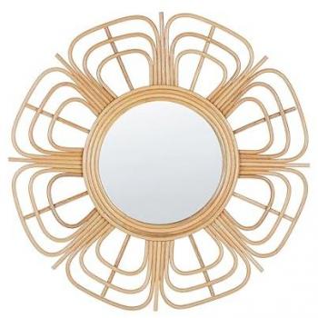 Espejo de Pared Redondo 60 cm de Ratán Natural Boho con Forma de Sol y Ganchos para Montaje
