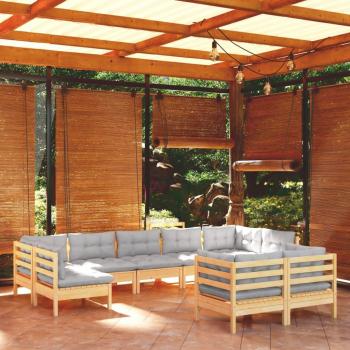 9-Piece Solid Pinewood Garden Lounge Set with Gray Cushions