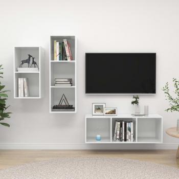 Set de mueble para TV 3 piezas madera contrachapada, color blanco brillante