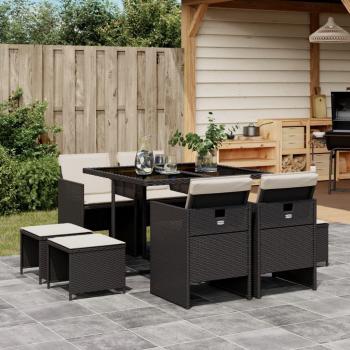 9-Piece Black Poly Rattan Garden Dining Set with Cushions