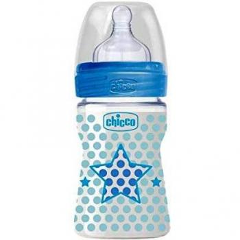 Biberón Chicco Wellbeing de 150ml con Tetina de Silicona y Flujo Normal, Azul para Bebé de 0m+