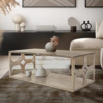 Mesa de Centro Rectangular de Madera de Mango Maciza 120x60x46 cm Estilo Oriental Vintage Marrón