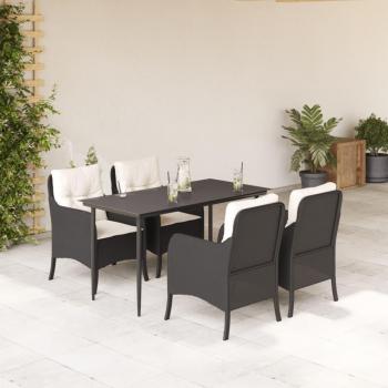5-Piece Black Poly Rattan Garden Dining Set with Cushions