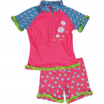 Conjunto de baño para niña con protección UV total, flores rosas