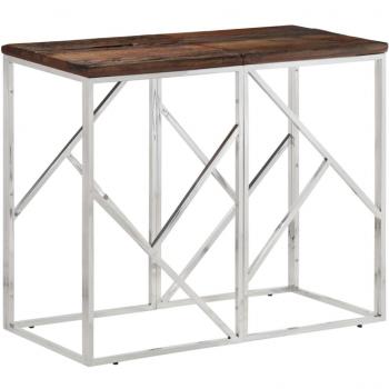 Mesa consola de acero inoxidable con travesaño de madera sólida en color plateado