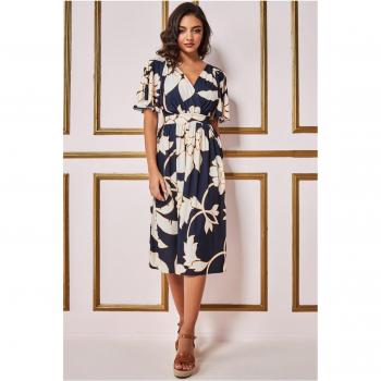 Goddiva Leaf Print Flutter Sleeve Midi Dress - Navy - Size 8 UK