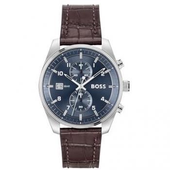 Reloj de hombre Boss Skytraveller 1514194 cronógrafo analógico con correa de piel marrón y esfera azul