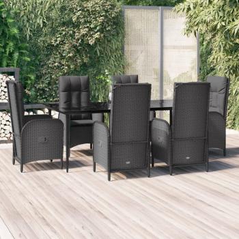 7-Piece Black Poly Rattan Garden Dining Set with Cushions