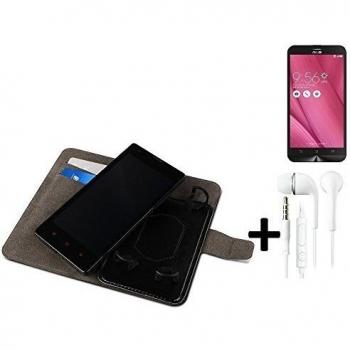 TOP SET: Funda para el Asus ZenFone Go TV + auriculares, Walletcase hecho de cuero sintético en negro, monocromático y simple. Bolsillo para el teléfono móvil con ranuras para tarjetas de crédito y la función del soporte. BookStyle bisagras de la ma