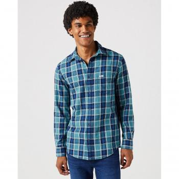 Wrangler - Camisa de hombre de corte classic con cuadros en color azul, manga larga, 1 bolsillo