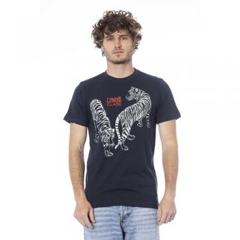 Cavalli Class Logo Print Crew Neck T-Shirt - Blue Cotton, Male, Size: XL
