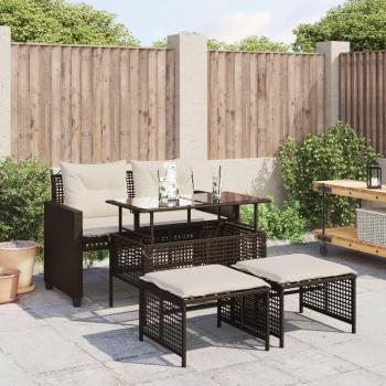 Sofá de jardín 4 piezas marrón Polyrattan con cojines y mesa de vidrio