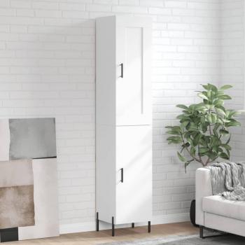 Aparador alto de madera contrachapada blanco brillo 34,5x34x180 cm con 1 puerta, mueble de almacenaje para salón, buffet y armario auxiliar