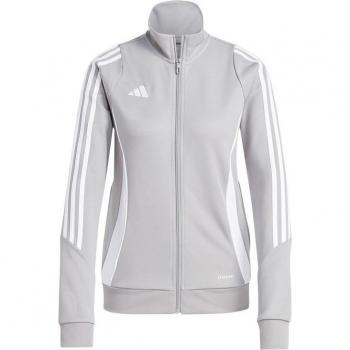 Chaqueta de fútbol Adidas Tiro24 mujer gris con tejido ligero, diseño ajustado, cierre completo con cremallera, bolsillos laterales con cremallera y logotipo de Adidas