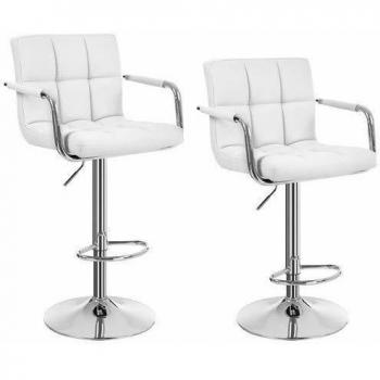 Songmics 2 x Taburete de Bar Regulable en Altura y Giratorio Cromado Cuero Sintético Blanco LJB93W