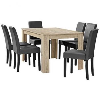 Conjunto de Mesa de Comedor Forssa 140x90cm + 6 Sillas de Polipiel - Roble Claro y Gris Oscuro