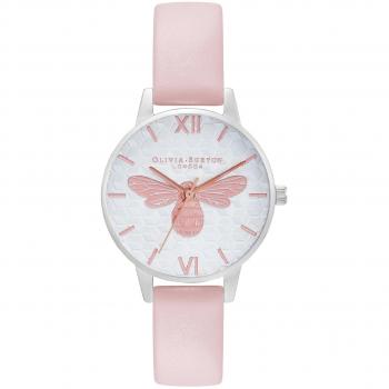 Olivia Burton Honey Bee OB16FB25 Reloj Analógico para Mujer con Correa de Piel Rosa, Diámetro de 30mm