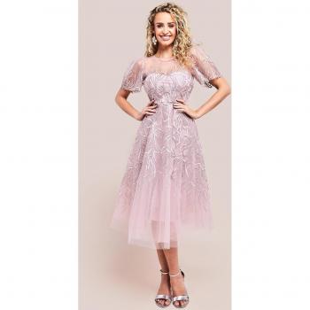 Goddiva Embroidered Mesh Midi Dress - Blush - Size 10 UK