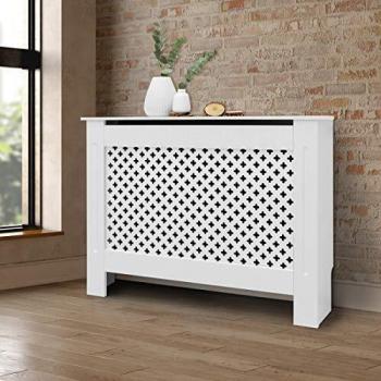 Cubierta de Radiador ECD GERMANY 112x19x82 cm MDF Blanco Lacado Patrón Rústico Estantería Moderna