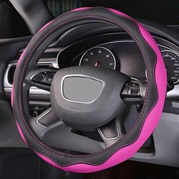 Semoss Universal Rose Negro Cubierta Volante Cuero Funda Volante Piel Cubre Volante Coche Para niñas y mujeres,Tamaño:M,37-38 cm