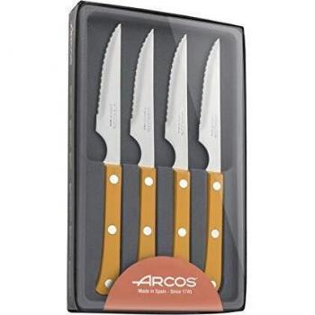Arcos Serie Cuchillos de Mesa, Juego de Cuchillos Chuleteros 4 piezas, Hoja Filo de Acero Inoxidable Nitrum de 115 mm, Mango Polioximetileno, POM Color Naranja