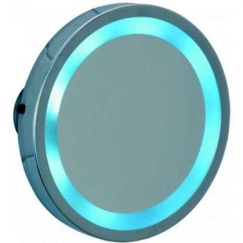 WENKO Espejo de ventosa con LED Mosso - espejo cosmética, superficie de espejo ø 11.5 cm 300 % aumento, Acero, 15 x 15 x 2.5 cm, Cromo