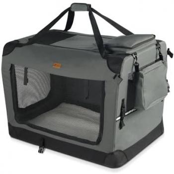 Transportín Plegable para Perros y Gatos Vounot - Bolsa de Transporte Transpirable con Bolsillos, Alfombrilla Extraíble y Tira Reflectante, Gris - Tamaño M 60x44x44cm