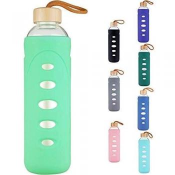 DEARRAY Botella de Agua de Cristal de Borosilicato Deportivo 400ml / 750ml / 1000ml / 1 Litro, Botella de Agua de Vidrio con Funda de Silicona y Tapa de Bambú Único
