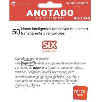 Notas Adhesivas Transparentes Removibles 76x76mm, 50 Hojas, Acetato Blanco