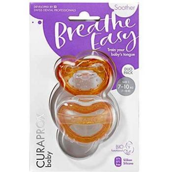 CURAPROX chupete para bebés talla 1 a partir de 7 meses en color naranja, dúo con caja de almacenamiento