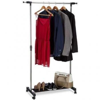 Perchero con Ruedas Relaxdays, Altura Ajustable 96-162 cm, Barra y Repisa de Almacenamiento, Plateado