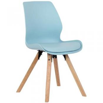 Silla de salón Luna con asiento acolchado azul, plástico y base de madera