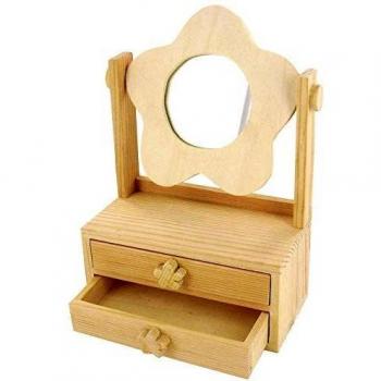 Coiffeuse Petite en Bois Naturel avec Miroir Fleur et 2 Tiroirs