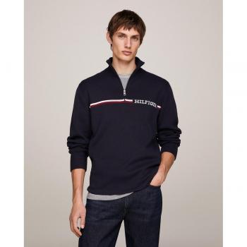 Tommy Hilfiger Men's Blue Zip Mock Turtleneck Sweater with Corporate Stripe