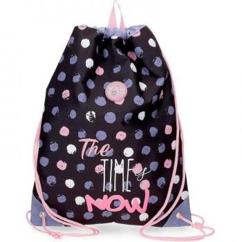 Mochila Saco Roll Road The time is now con diseño negro y asa ajustable