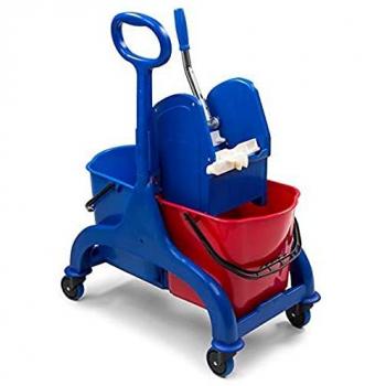 Carro de limpieza profesional doble de 50 litros DENOX-FAMESA, con ruedas, asa y escurridor para mopa plana, dimensiones 650x410x880 mm