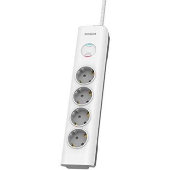 Regleta de 4 Enchufes Schuko Philips SPN7040WA/10, Protección Infantil Sobretensión, Interruptor Encendido/Apagado, Cable Alimentación Trenzado de 2 Metros Alta Resistencia,