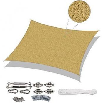 Sekey Toldo Vela de Sombra 4x5m Rectangular con Cuerda y Kit de Montaje HDPE Prueba de Viento, Transpirable, Protección Rayos UV, para Terraza Patio Exteriores Jardín, Arena